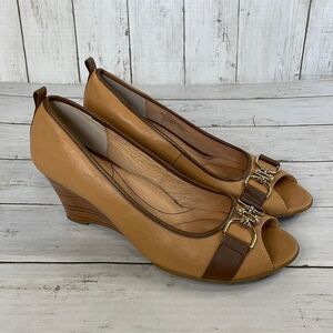 Sofft Brown and Tan Gold Accents Camira Leather Wedge Peeptoe